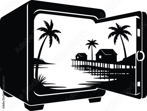 Open safe revealing a tropical island paradise with palm trees and huts and black and white