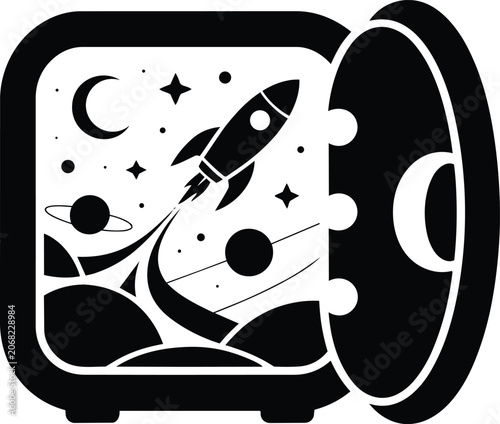 Open safe filled with a cosmic scene featuring a rocket, moon, and planets and launch pad, outer space, and travel and science fiction and black and w