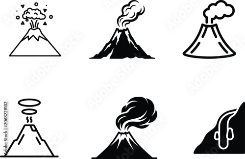 set of volcano icons in different styles and eruption phases