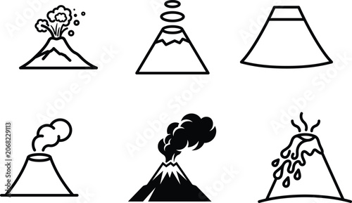 set of volcano icons in different eruption stages and shapes