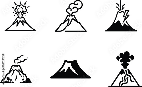Set of volcanoes with various eruption styles and shapes  volcanic activity illustrations