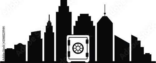 Safe in front of city skyline silhouette, financial security concept and real estate and black and white