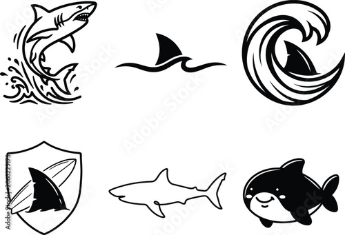 shark and whale ocean wave icons in black and white for design