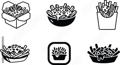 Various illustrations of french fries in different containers and dishes