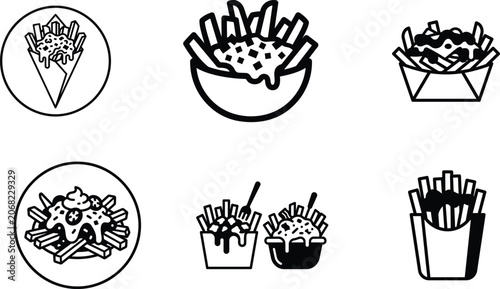 Various French fries with cheese in different containers and plates