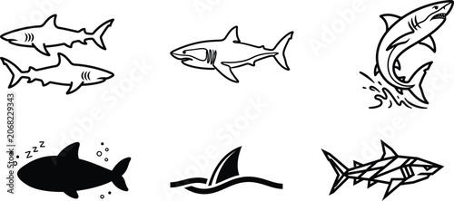 Various shark illustrations in different poses and styles on white background