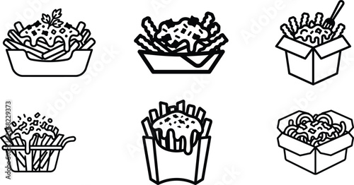 Various types of french fries in containers and boxes illustration