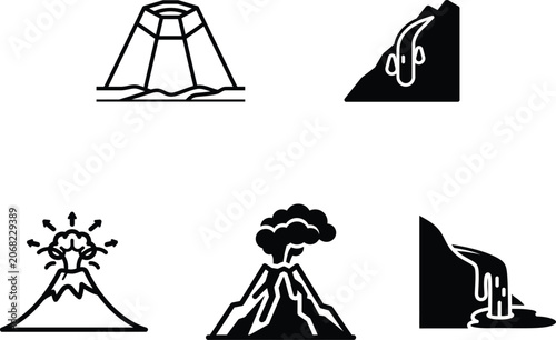 volcanic eruption icons with different lava flows and smoke