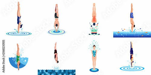 Photos Collection of Diverse Male and Female Swimmers and Divers Performing Jumps and E