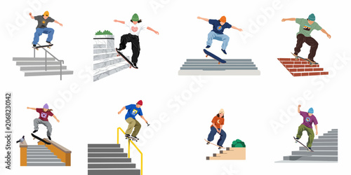 Quadro su tela Collection of vector illustrations featuring various skateboarders performing urban street tricks on stairs, rails, and ledges in a minimalist flat design style