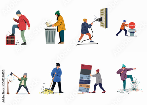 Billede på lærred Set of characters performing various acts of digital destruction, sabotage, and anti-technology actions like smashing servers, deleting data, and unplugging systems
