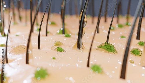 皮脂汚れや汗と菌が繁殖した頭皮の3DCGイラスト　顕微鏡イメージ