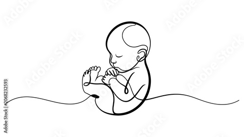 Cuadro en lienzo Continuous single line drawing of a newborn baby in fetal position