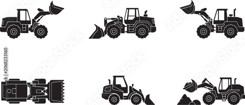 Quadro em tela Silhouette of a Dump Truck and a Crane Truck on White Background construction he