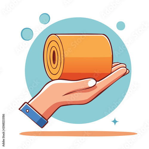 Hand holding orange paper roll in flat design