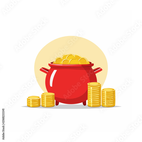 Red pot overflowing with gold coins and stacks of money