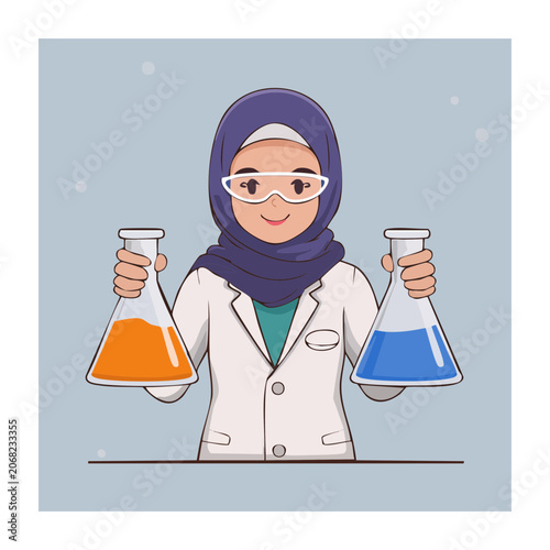 Scientist in hijab holding flasks with colorful liquids