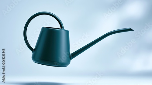 A single, modern teal watering can floats in a soft, blue-toned setting