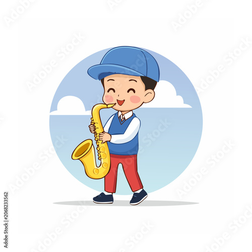 Cartoon boy playing saxophone illustration