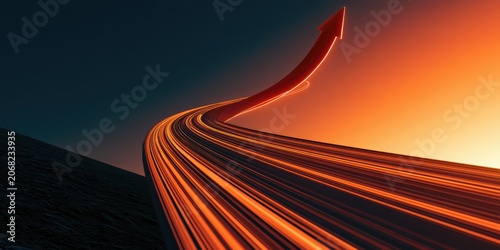 Red arrow curves upwards over fiery light trails against dark sky