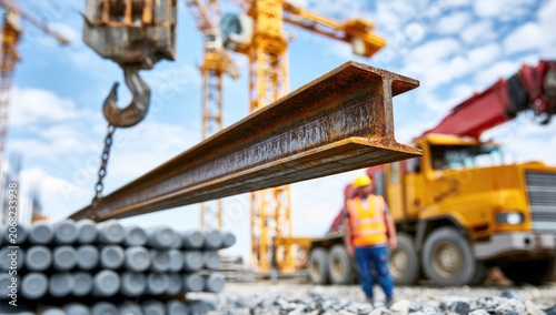 Construction scene with suspended I-beam and worker