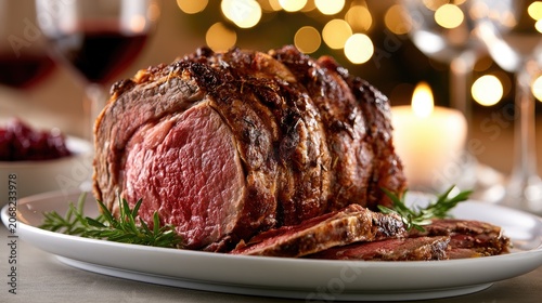 A perfectly roasted, succulent beef prime rib roast is sliced and served