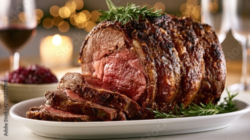 A succulent, sliced prime rib roast with herbs and festive holiday background