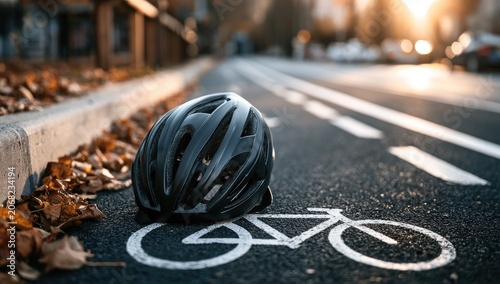 Black helmet rests on a painted bike lane in warm afternoon sunlight