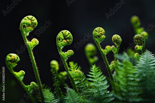 Vibrant green fern fronds unfurl against a dark, moody background