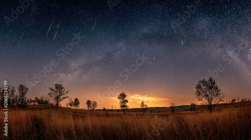 Fiery sunset over golden fields beneath a starry sky with falling meteors