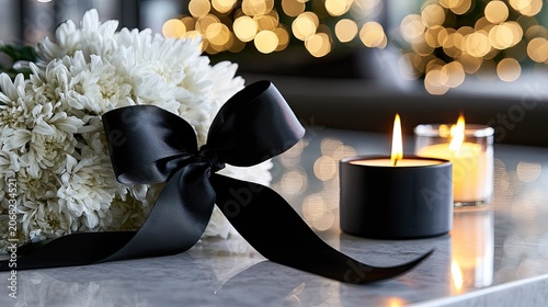 White flowers tied with a black ribbon next to two lit candles