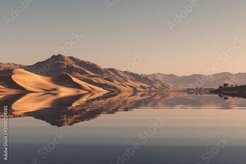 Serene desert landscape with calm water reflecting golden sand dunes