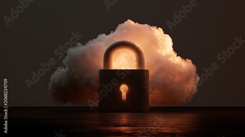 Glowing padlock secures a bright cloud, symbolizing secure data storage and protection