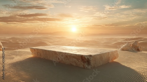 A flat, light-colored rock rests on rippling sand dunes under a warm sunset sky