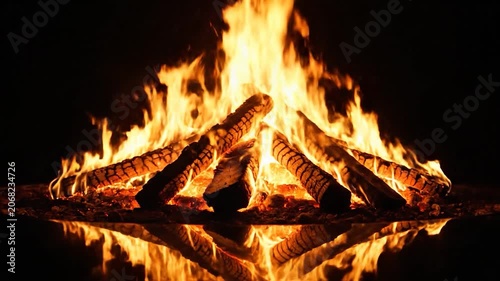 A bright campfire burns with orange flames and sparks at night