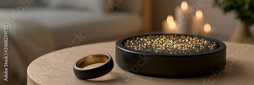 Black ring and charger with glowing beads sit on a wooden table
