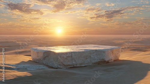 Stone pedestal on sandy ground against a bright sunset sky