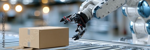 Automated robotic arm carefully places a cardboard box on a conveyor belt