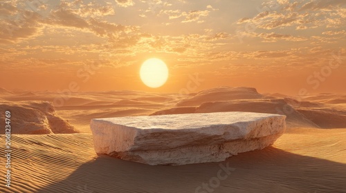 Arid desert landscape with a large stone slab under a glowing sun