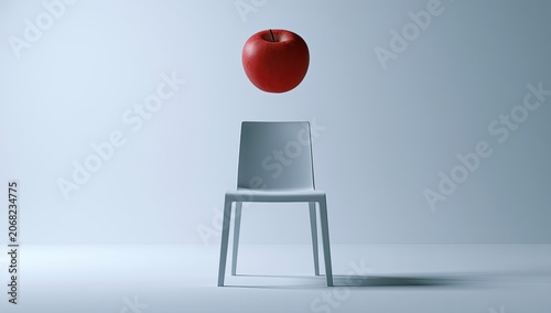 Minimalist scene red apple hovers above white chair against pale blue background