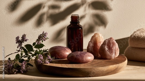Serene spa setup with aromatherapy oil, crystals, and flowers