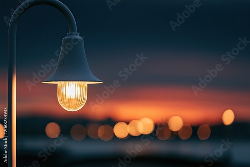 Illuminated street lamp casts warm glow against deep twilight sky