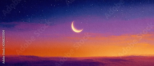 Crescent moon in a twilight sky with colorful clouds and distant stars