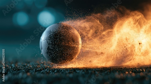A soccer ball streaks across a grassy field enveloped in fiery dust and smoke