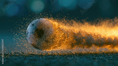 Glowing soccer ball explodes with fiery particles in motion