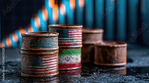 Rusty barrels with national flags, market charts blur