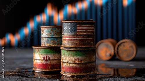 Rusty barrels painted with US and Iranian flags stacked, market graph background