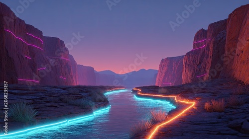 Neon river flows through rocky canyon at dusk, illuminated by vibrant lights