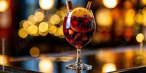 Festive cocktail with orange, cinnamon, and berries on a bar counter