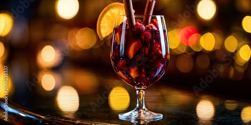 A glass of red sangria with fruit and cinnamon sticks on a bar